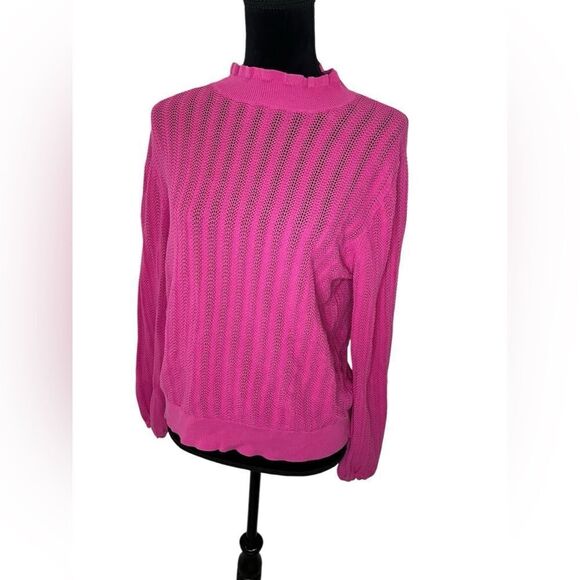 J.CREW BUBBLEGUM BARBIE PINK RUFFLE MOCK-NECK OPEN KNIT SWEATER SIZE LARGE - Picture 6 of 11